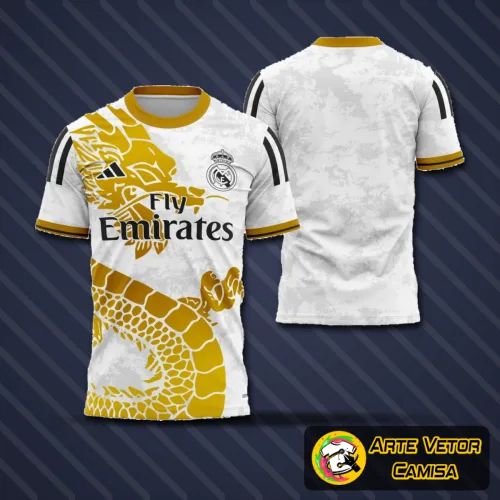 Camisa branca com o logo no peito e estampa grande nas costas mostrando detalhes modernos inspirados no design do Real Madrid 2023.