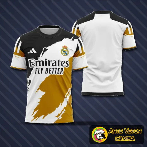Camisa final com logo no peito e estampa grande nas costas, apresentando design moderno inspirado no Real Madrid 2023, combinando estilo esportivo e elegância para fãs e colecionadores.