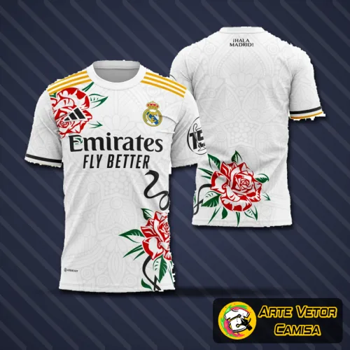 Camisa final do Real Madrid 2024 com logo no peito e estampa grande nas costas, destacando design moderno e sofisticado em tom clássico, perfeita para torcer com estilo e paixão.