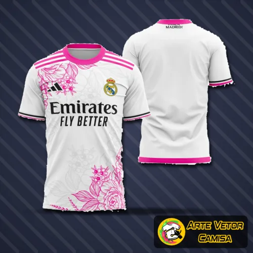 Camisa final do Real Madrid apresentada com logo no peito e estampa grande nas costas destacando design moderno e exclusivo inspirado no tema de 2024
