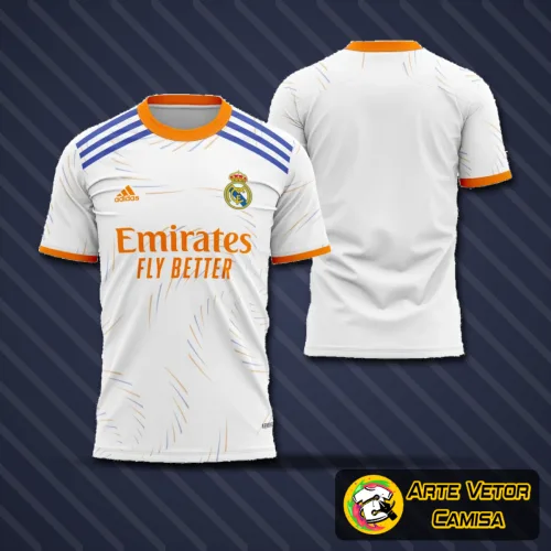 Camisa do Real Madrid com o logo no peito estampado e uma estampa grande nas costas, destacando detalhes do design de 2021-2022 com cores e estilo moderno, em perfeita harmonia entre tradição e inovação.
