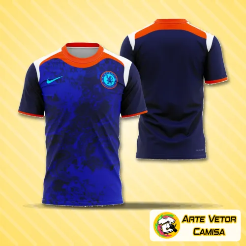 Camisa com logo no peito em destaque e uma estampa grande nas costas, exibindo um design moderno e cheio de personalidade nas cores oficiais do Chelsea 2025, perfeita para quem valoriza autenticidade e estilo marcante.