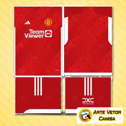Camisa vermelha com logo no peito e estampa grande nas costas mostrando design moderno e detalhes inspirados na tradição do Manchester United.