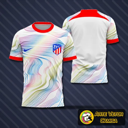 Camisa final Atlético de Madrid 2024 com logo no peito e estampa grande nas costas, trazendo design moderno e vibrante para os fãs do time.