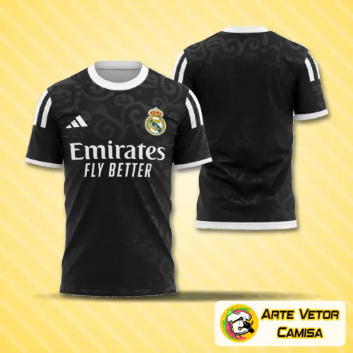 Camisa do Real Madrid com logo no peito e estampa grande nas costas, tema Halloween com design moderno e cores sombrias que destacam o espírito festivo e a energia do time.