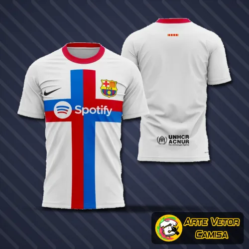 Camisa azul e grená do Barcelona com logo no peito e estampa grande nas costas, destacando design moderno e estiloso inspirado no futebol para os fãs do time.
