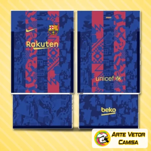 Camisa Barcelona com logo no peito destacando o design clássico e uma estampa grande nas costas que traz modernidade e presença marcante.