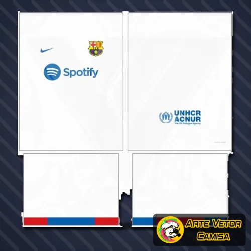 Imagem da camisa Barcelona com logo no peito e estampa grande nas costas, destacando um design moderno e vibrante que captura a essência do clube com cores vivas e detalhes marcantes.