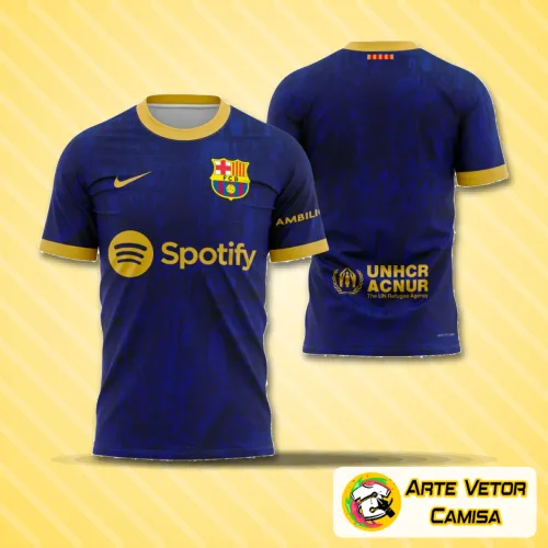 Foto de uma camisa com logo no peito e uma estampa grande nas costas, mostrando design moderno e vibrante inspirado na cidade de Barcelona 2025, equilibrando cores e formas que destacam estilo único.