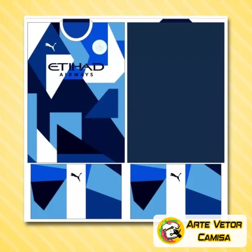 Foto da camisa com logo no peito em destaque e estampa grande nas costas exibindo design moderno e vibrante inspirado nas cores do Manchester City, ideal para amantes do futebol e colecionadores de estilos exclusivos.