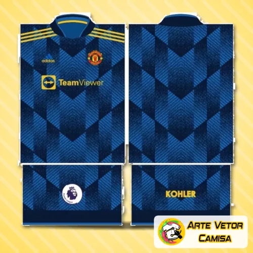 Imagem de uma camisa Manchester United com logo no peito em destaque e estampa grande nas costas que mostra design moderno e detalhado do uniforme conceito 2024.