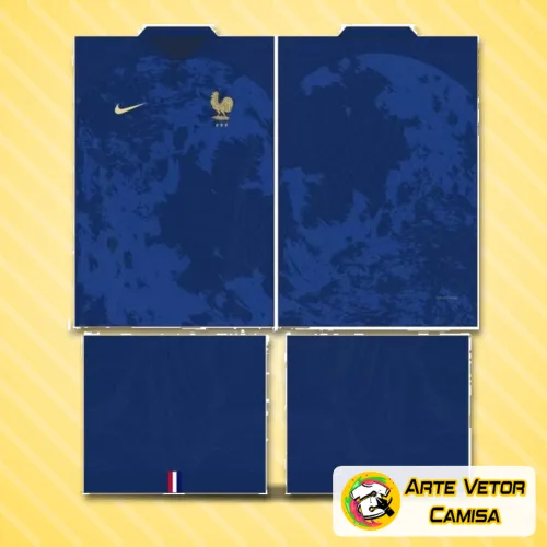 Camisa com logo no peito e estampa grande nas costas mostrando a bandeira e símbolos da França com design vibrante e moderno, perfeita para celebrar com estilo e originalidade.