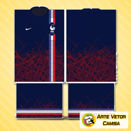Camisa com logo no peito refinado e estampa grande nas costas que destaca símbolos e cores da França, mostrando um design vibrante e moderno, perfeito para quem deseja expressar o estilo francês com autenticidade e atitude.