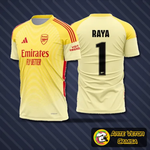 Camisa do Arsenal para goleiro temporada 2025-26 com logo no peito e estampa grande nas costas em cores vibrantes e design moderno, ideal para torcedores que valorizam estilo e identidade com o time.