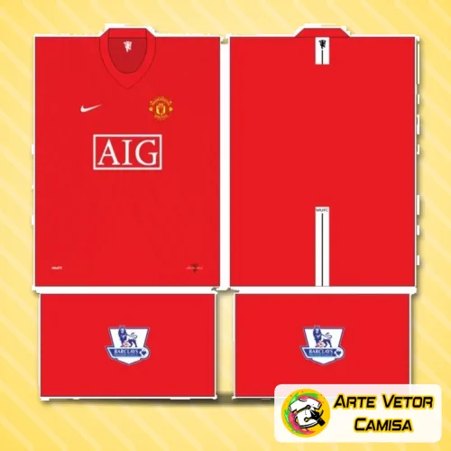 Camisa vermelha vibrante do Manchester United com logo no peito e estampa grande nas costas destacando elementos modernos e estilo único, perfeita para fãs apaixonados.