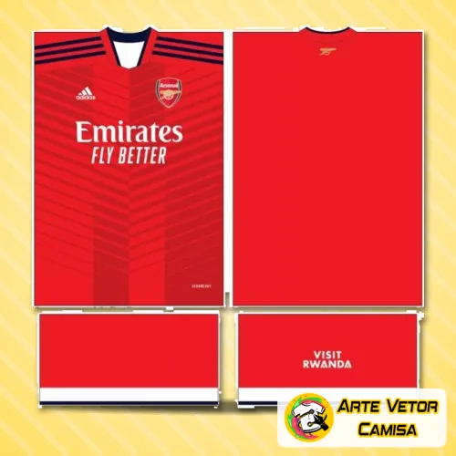 Camisa oficial do Arsenal com logo no peito e estampa grande nas costas em destaque, exibindo cores vibrantes e design moderno que valoriza o estilo esportivo e a paixão pelo time.