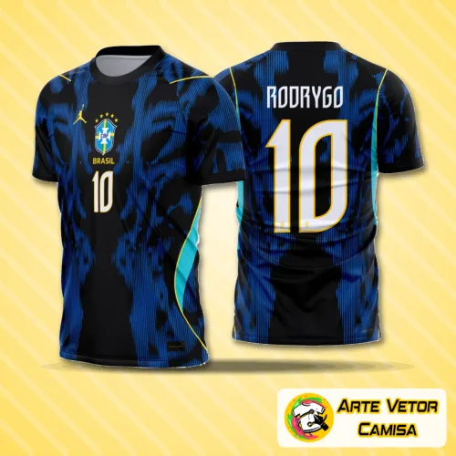 Imagem da camisa reserva do Brasil para a Copa 2026, com logo no peito e estampa grande nas costas, destacando o design clássico e vibrante das cores oficiais da seleção.