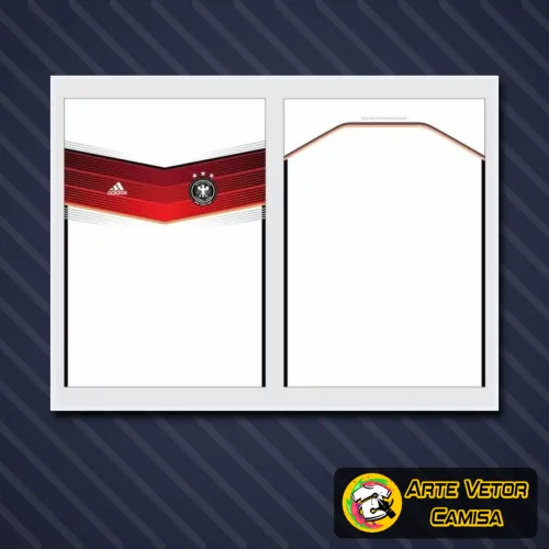 Camisa final exibida com logo no peito visível e estampa grande nas costas destacando elementos inspirados na Seleção Alemã.
