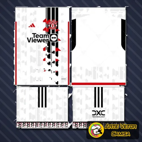 Foto da camisa vermelha com logo no peito e estampa grande nas costas representando o conceito 2024 do Manchester United, com detalhes modernos e vibrantes.