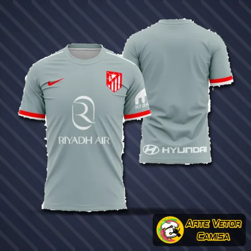 Camisa do Atlético de Madrid com logo no peito e estampa grande nas costas, nas cores tradicionais, destacando design moderno e estiloso para torcedores que valorizam o clube.