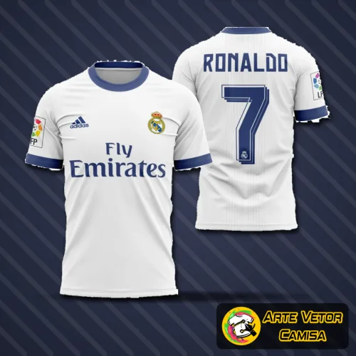 Camisa do Real Madrid com logo no peito e estampa grande nas costas, destaque para cores e design da temporada 2016-2017, perfeita para fãs e colecionadores