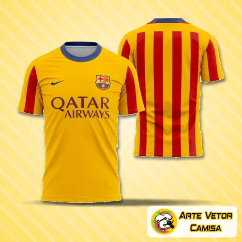 Imagem da camisa reserva do Barcelona 2015-2016 com logo no peito e estampa grande nas costas, destacando o design icônico nas cores tradicionais do clube