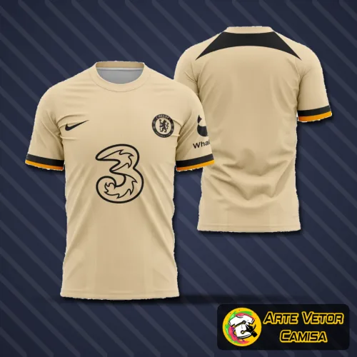 Camisa azul escura com logo no peito e estampa grande nas costas, estilo moderno e vibrante, destacando detalhes arrojados da temporada 2022-2023 do Chelsea.