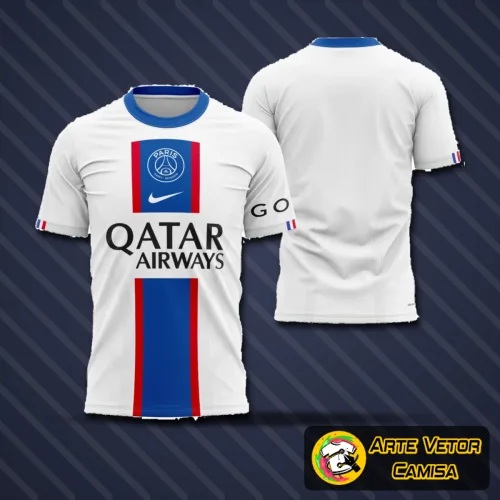 Camisa com logo no peito e estampa grande nas costas exibindo o estilo alternativo do PSG na temporada 2022-2023, com visual moderno e detalhes marcantes que destacam a identidade do time.