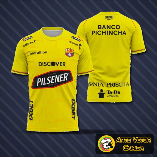 Camisa com logo no peito e estampa grande nas costas em estilo moderno do Barcelona-SC 2026, detalhes vibrantes e design exclusivo que destaca a identidade do time com cores marcantes e acabamento impecável.