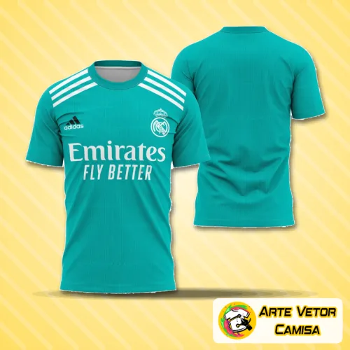 Camisa alternativo do Real Madrid exibida com logo no peito ao centro e estampa grande nas costas destacando os detalhes do time na temporada 2021-2022.