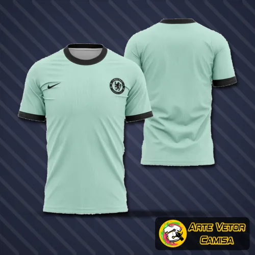 Visual da camisa com logo no peito e estampa grande nas costas que destacam o estilo único do Chelsea na temporada 2023-2024, com cores vibrantes e design moderno.