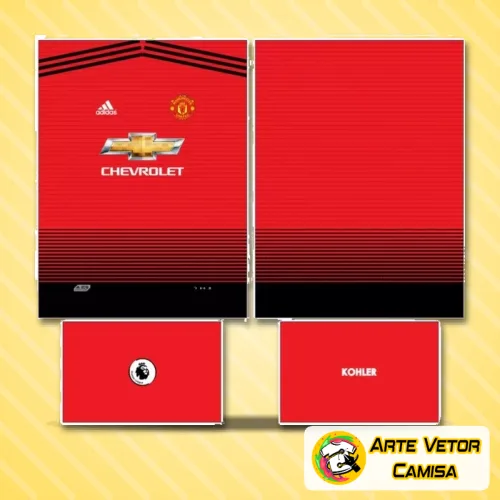 Camisa com logo no peito e estampa grande nas costas, apresentando design moderno inspirado no Manchester United 2024, com cores vibrantes e detalhes que destacam o estilo único do time.