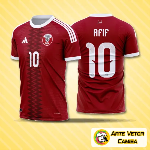 Camisa com logo no peito e estampa grande nas costas, apresentando cores vibrantes e detalhes que remetem ao estilo oficial do Catar para o período de 2026 a 2028.