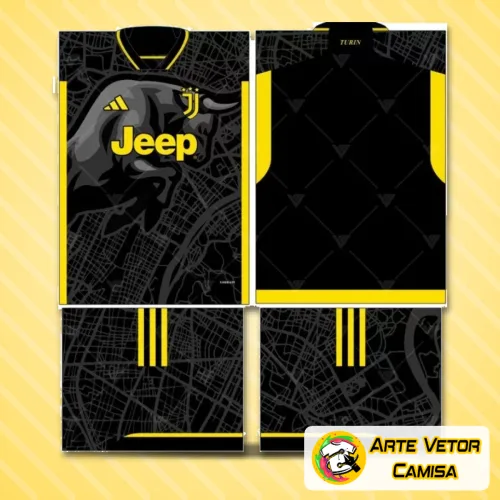 Camisa com logo da Juventus no peito e estampa grande nas costas, exibindo estilo moderno e cores marcantes para fãs do time, perfeita para demonstração de paixão pelo futebol.