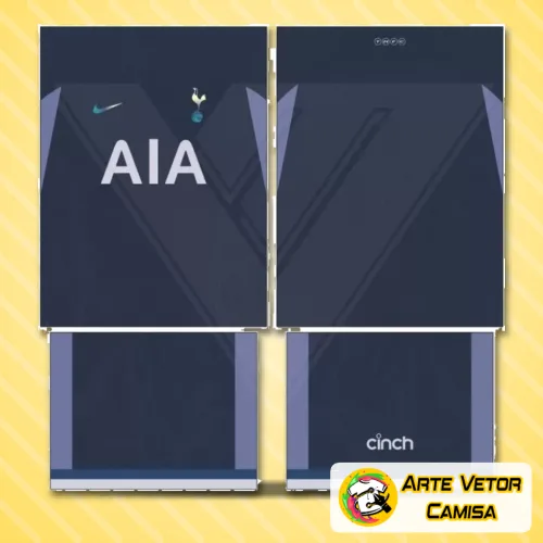 Foto da camisa com logo no peito e estampa grande nas costas em branco e azul, destacando o estilo moderno e marcante do time Tottenham, perfeita para quem quer mostrar paixão sem igual pelo clube.