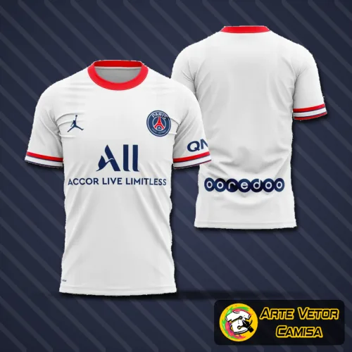 Camisa estilizada com logo no peito e estampa grande nas costas, combinando cores vibrantes e detalhes modernos que remetem ao estilo do PSG 2022, perfeita para fãs do time que buscam um visual marcante.