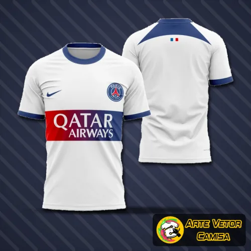 Camisa com logo do PSG no peito e estampa grande nas costas destacando detalhes da temporada 2023-2024, mostrando design moderno e cores vibrantes.