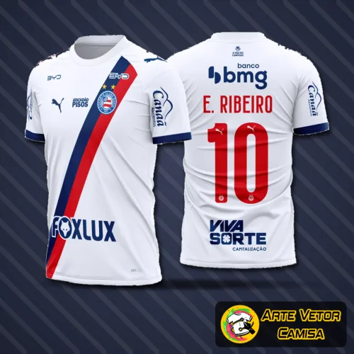 Camisa Bahia com logo no peito em destaque e estampa grande nas costas, apresentando design moderno e cores vibrantes que remetem à tradição do time para a temporada 2026-27.
