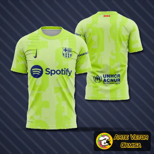 Camisa com logo no peito, estampa grande nas costas mostrando design exclusivo do Barcelona para 2024-2025 em tons vibrantes e detalhes modernos