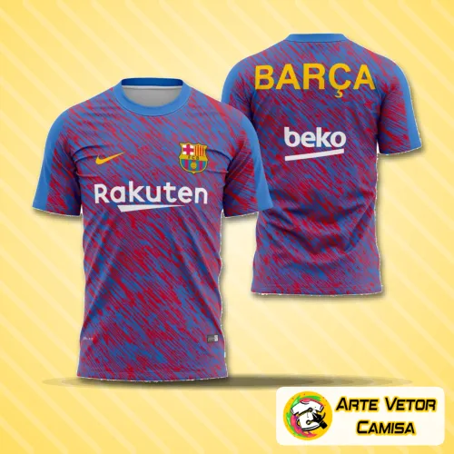 Camisa exibindo logo no peito e estampa grande nas costas com design vibrante inspirando a energia do Barcelona 2018-2019 em cores marcantes e detalhes precisos