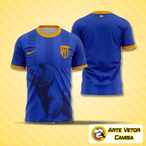 Imagem da camisa com logo no peito e estampa grande nas costas, destacando detalhes modernos e cores vibrantes que remetem à paixão pelo Atlético de Madrid.