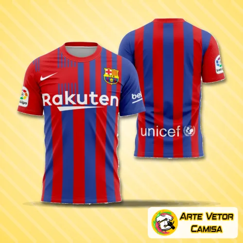 Camisa com logo no peito e estampa grande nas costas mostrando o conceito único inspirado em Barcelona durante a temporada 2021-2022, com cores vibrantes e estilo moderno.
