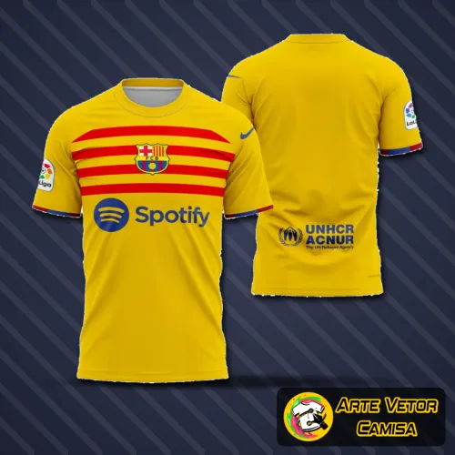 Camisa com logo no peito visível e estampa grande nas costas com cores vibrantes, destacando o design inspirado no Barcelona 4ª equipación da temporada 22-23, ideal para quem valoriza estilo e autenticidade.