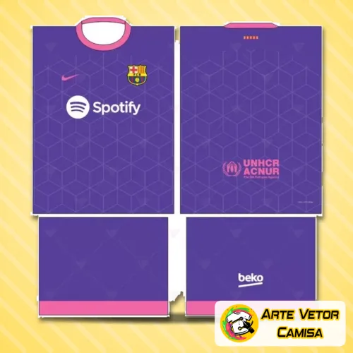 Imagem de uma camisa com logo no peito e estampa grande nas costas que destaca o estilo vibrante e clássico do design inspirado no Barcelona, com cores marcantes e composição visual impressionante.