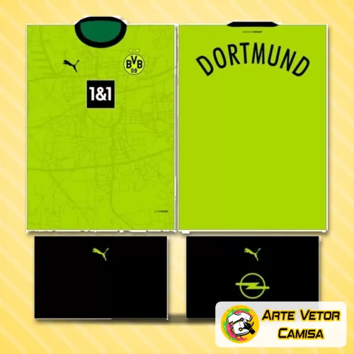 Camisa com logo no peito e estampa grande nas costas que destaca o estilo único do Borussia Dortmund em tons vibrantes, perfeita para quem aprecia futebol e design moderno.