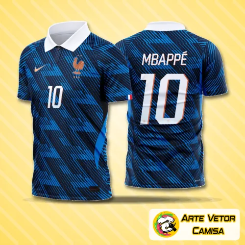 Camisa final com logo no peito e estampa grande nas costas, destacando o design exclusivo da seleção França para o período 2026-2028, cores vibrantes e detalhes impecáveis.