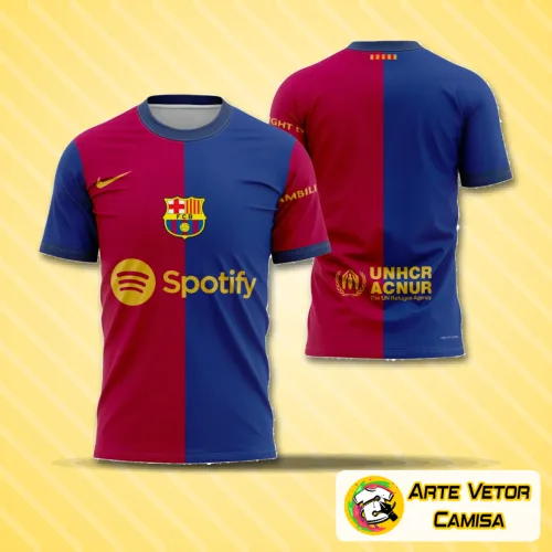 Imagem da camisa local do Barcelona 2024-2025 com logo no peito e estampa grande nas costas, mostrando detalhes vibrantes e design moderno que destacam a identidade do time de forma única.