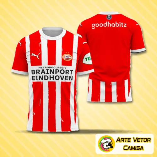 Foto da camisa local do PSV Eindhoven 2024-2025 com o logo no peito e uma estampa grande nas costas, exibindo detalhes vibrantes e design moderno em tons oficiais do time.