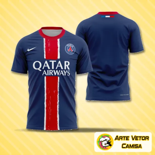 Camisa do PSG com logo no peito e estampa grande nas costas exibindo detalhes vibrantes e design moderno, perfeita para quem valoriza estilo autêntico e identidade marcante no visual.