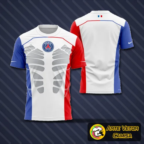 Camisa PSG 2023 exibida com logo no peito destacado e estampa grande nas costas que traz um visual moderno e arrojado, perfeita para quem valoriza estilo e identidade esportiva.